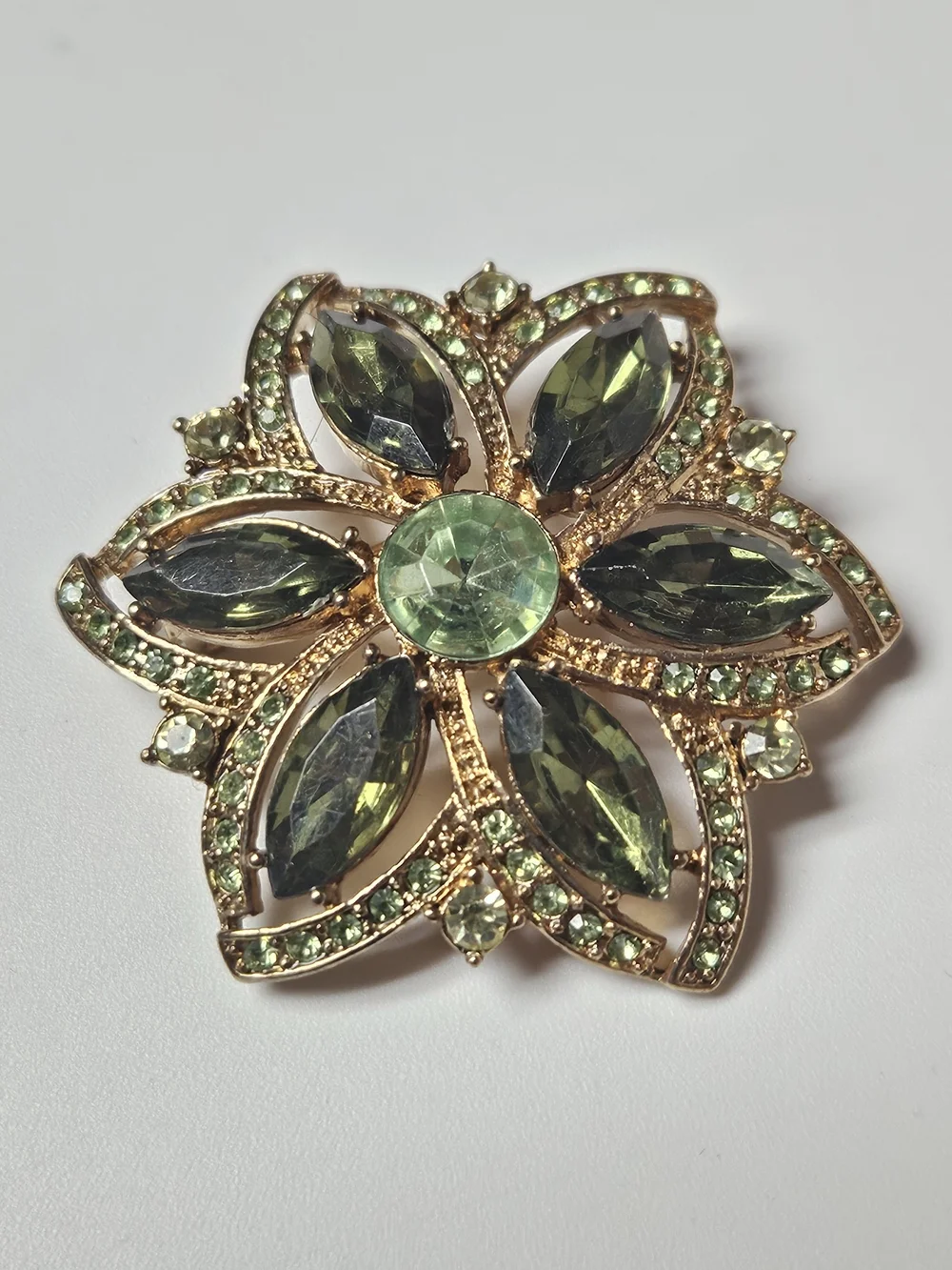 Gold-Tone Olive / Peridot Green Crystal Floral Brooch Pin